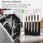 Điểm khác biệt của giá dao nam châm để bàn so với hộp dao thông thường là Hộp dao gỗ có khe; Vụn thức ăn và nước dễ kẹt, khó lau sạch. Giá này là tấm phẳng hai mặt, không rãnh. Gọn hơn, và lau một lần là hết sạch rác bẩn. Dao nào hít được Chỉ hít lưỡi nhiễm từ: thép carbon, sắt, và một số dao inox thường.